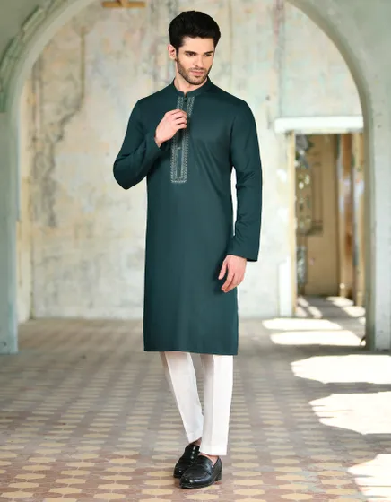 J. Men's Bottle Green Blended Kurta